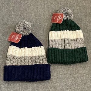 NWT 2 American Needle Beanies Pom Pom Striped Navy Blue/Green